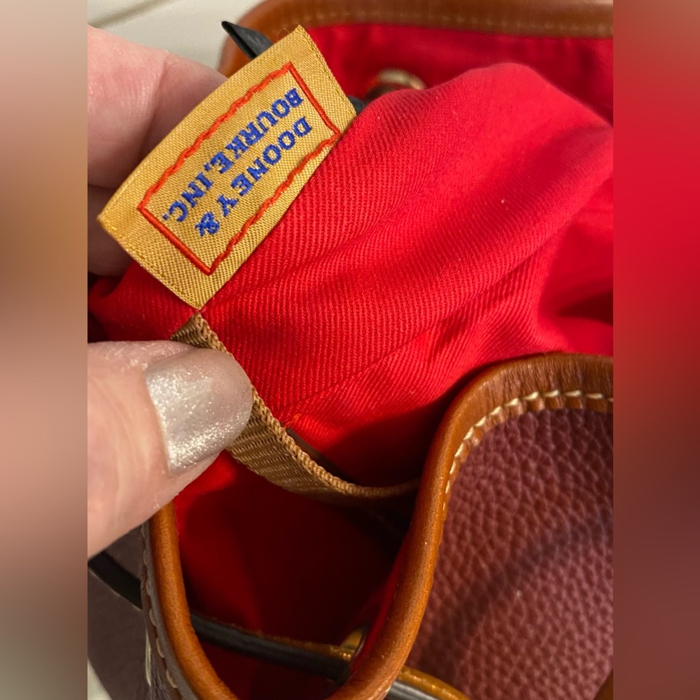 Dooney & Bourke Burgundy Pebbled Leather Drawstring Shoulder Bag with Tan Trim - Picture 16 of 16